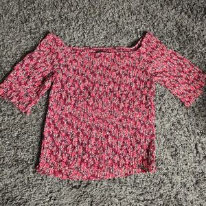 Express Womens Large Pink Floral Smocked Off The Shoulder Top Elbow Sleeve L